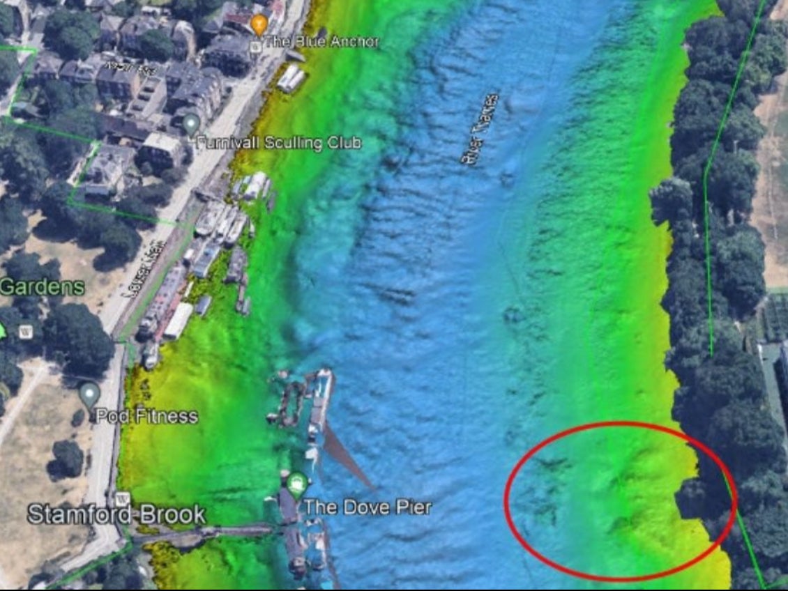 Location of a huge fatberg mostly made up of wet wipes on a laser-scan image of the River Thames near Hammersmith