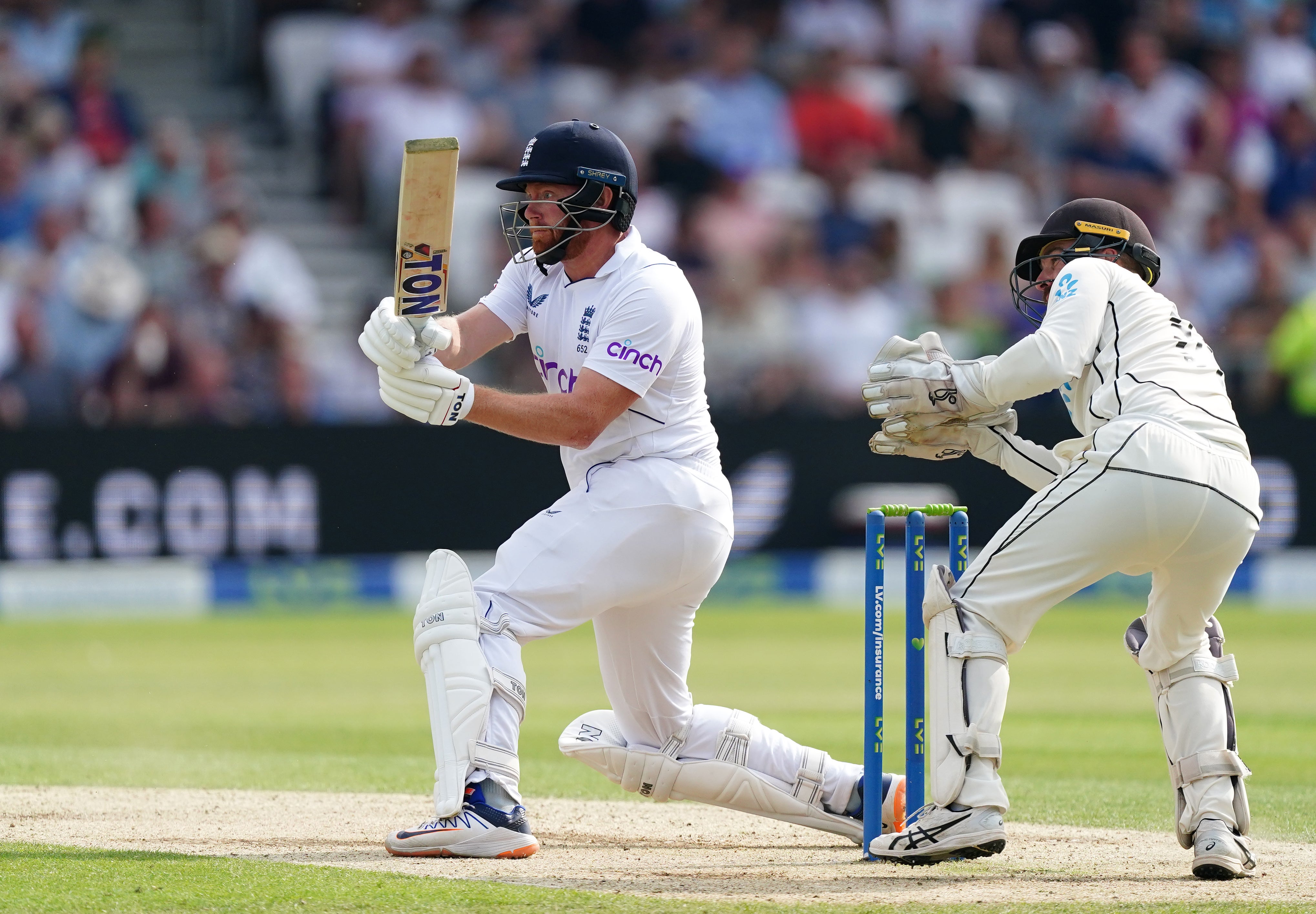 Jonny Bairstow hits out on his way to a hundred at Headingley (Mike Egerton/PA)