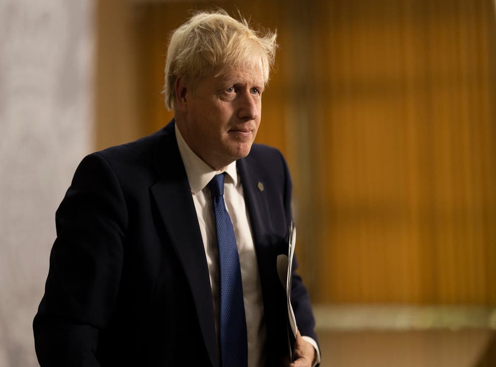 <p>PM Boris Johnson at a press conference during the Commonwealth Heads of Government Meeting in Kigali, Rwanda</p>