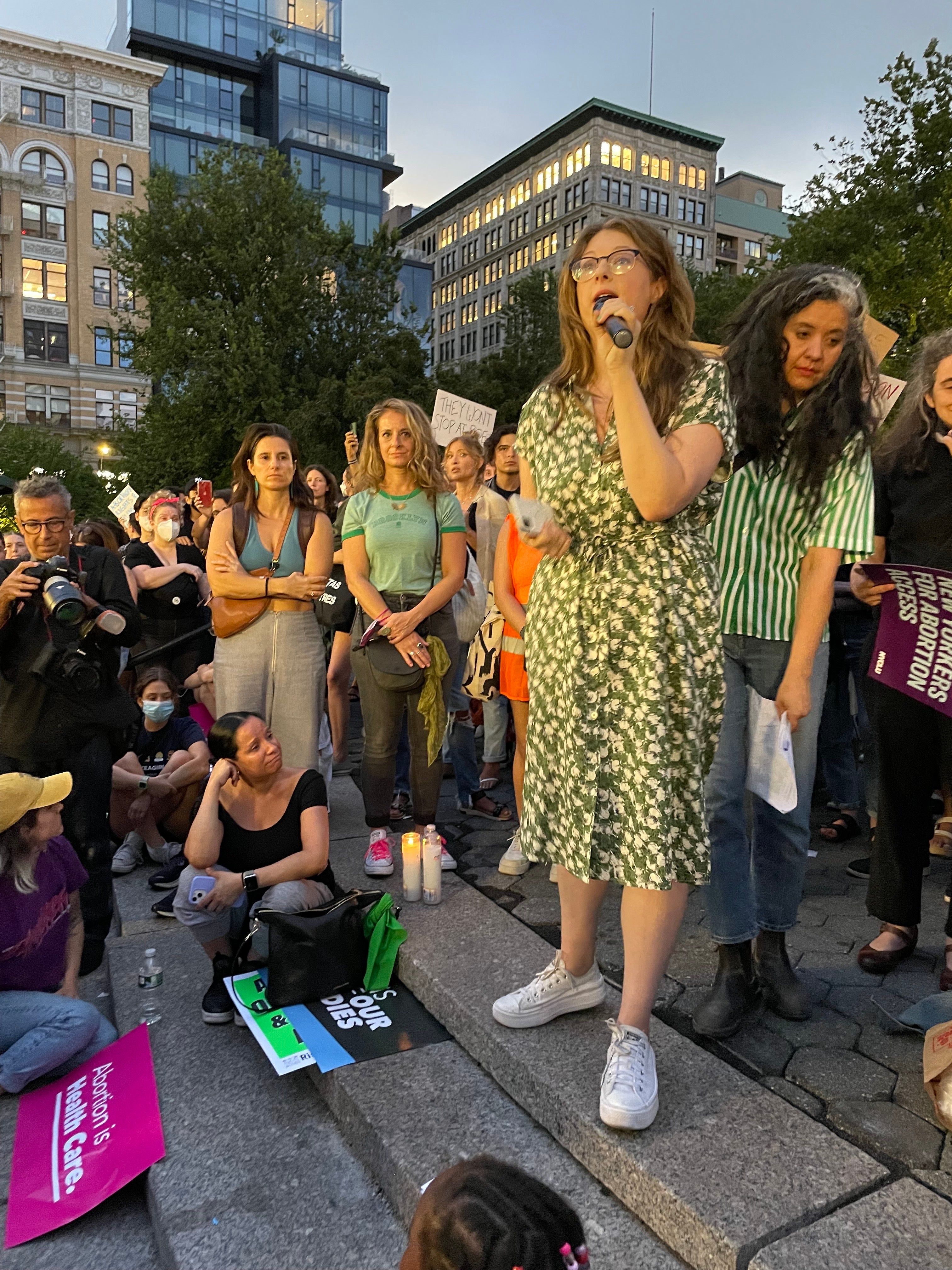 A person speaking at a pro-abortion event in Union Square in New York City.