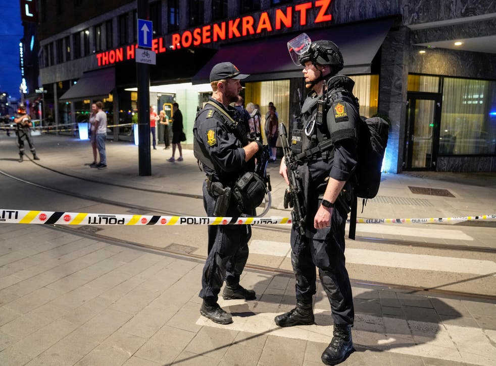 <p>Security forces stand at the site where several people were injured during a shooting outside the London pub in central Oslo, Norway   </p>