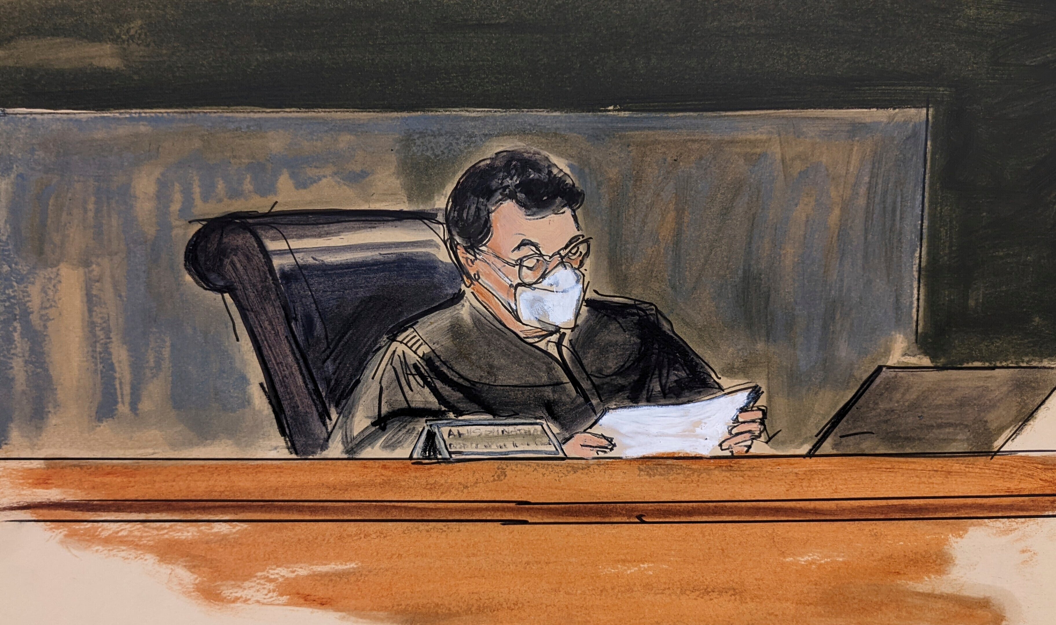 A courtroom sketch of Judge Alison Nathan