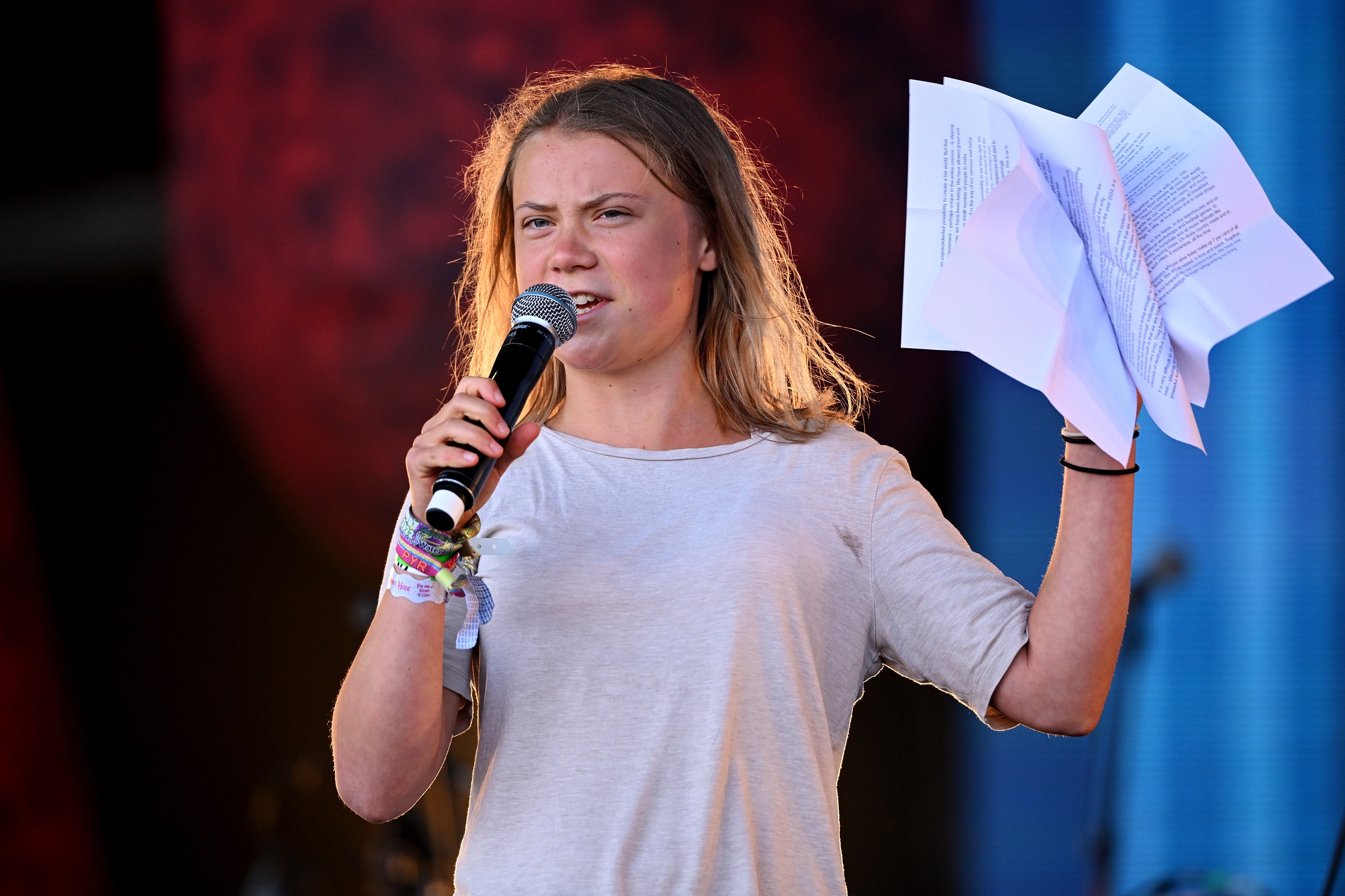 Swedish climate activist Greta Thunberg makes a speech on the Pyramid Stage