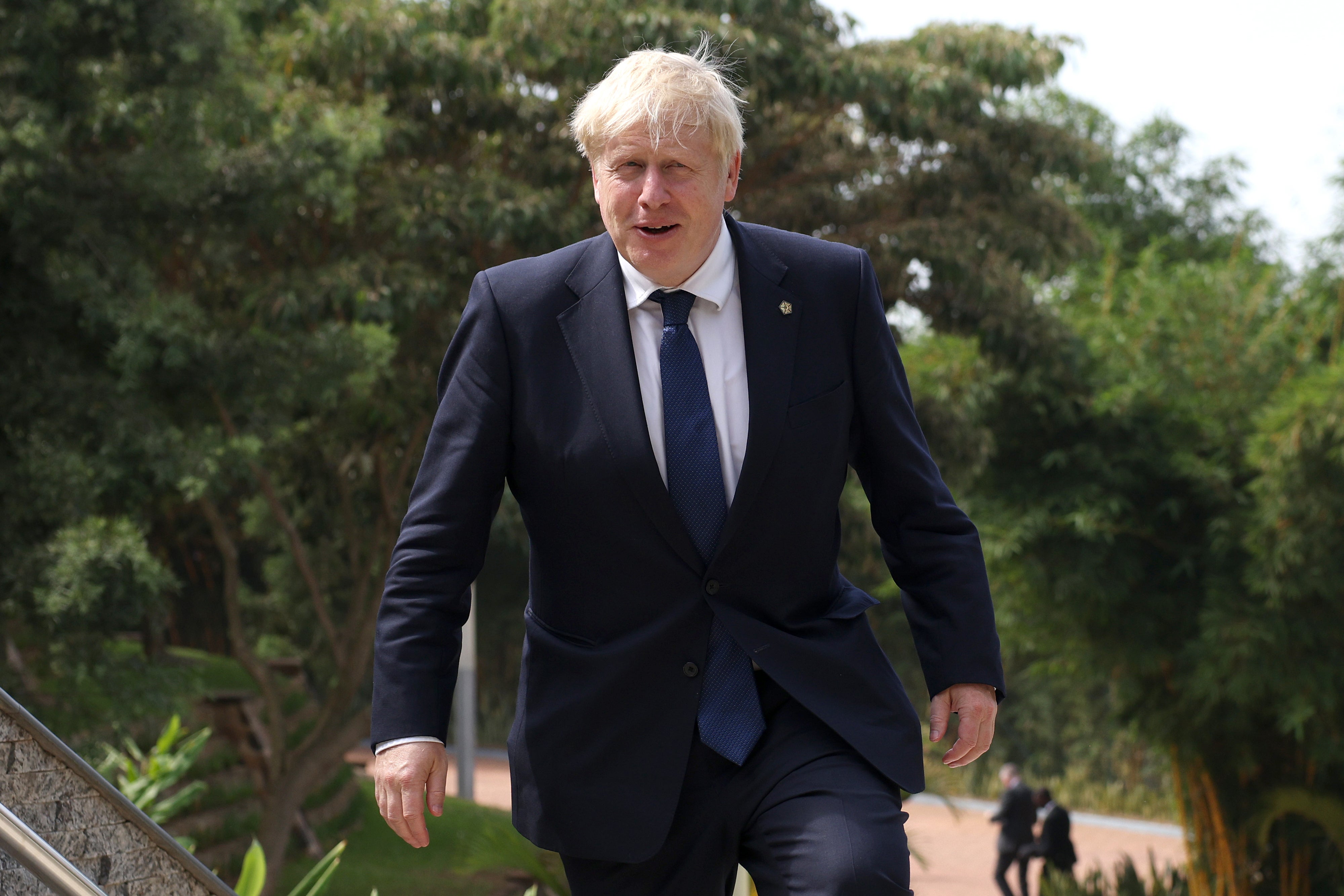 Prime Minister Boris Johnson, pictured in Rwanda on Saturday, has alarmed his Tory critics further