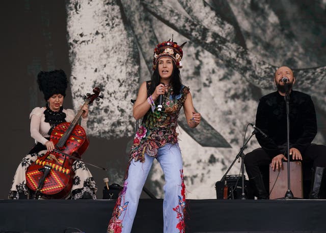 Jamala appeared as a guest with folk quartet DakhaBrakha on the Pyramid Stage (YuiMok/PA)