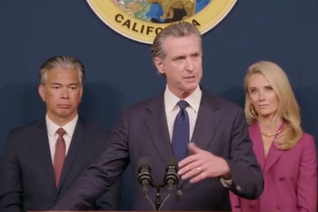 <p>Gavin Newsom lays into the Supreme Court at a press conference on 24 June, 2022</p>