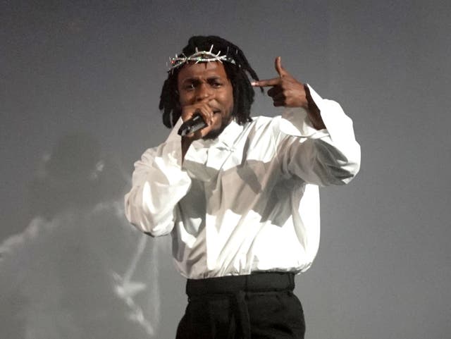 Kendrick Lamar performing on the Pyramid Stage at the Glastonbury Festival at Worthy Farm in Somerset. (Yui Mok/PA)