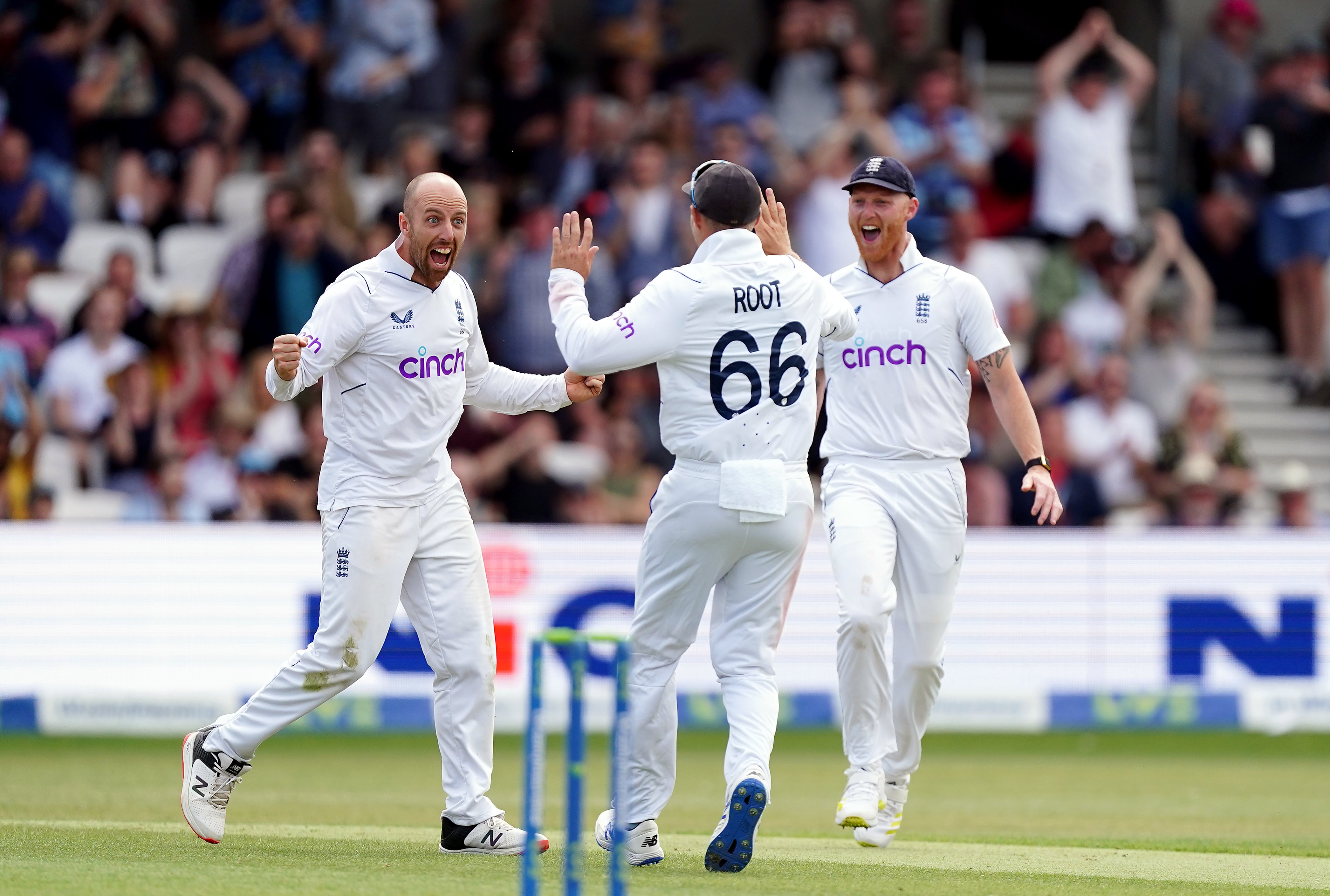 Jack Leach, left, celebrates a wicket on Sunday en route to his total of 10 for the match in England’s fourth Test against New Zealand (Mike Egerton/PA)