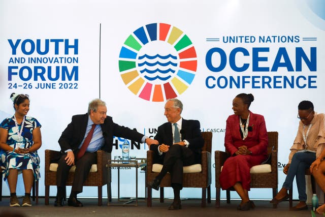 <p>UN secretary-general Antonio Guterres (second left) greets Portugal’s president Marcelo Rebelo de Sousa ahead of the United Nations Ocean Conference in Lisbon</p>