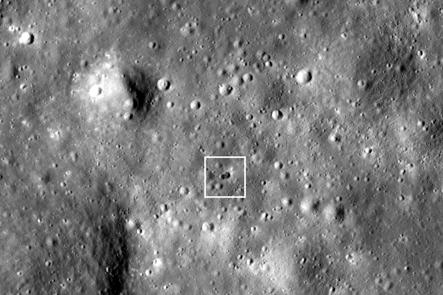 <p>Full resolution image centered on the new rocket body impact double crater</p>