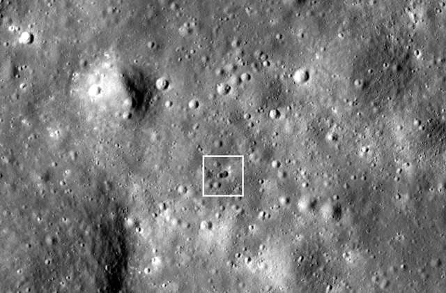 <p>Full resolution image centered on the new rocket body impact double crater</p>