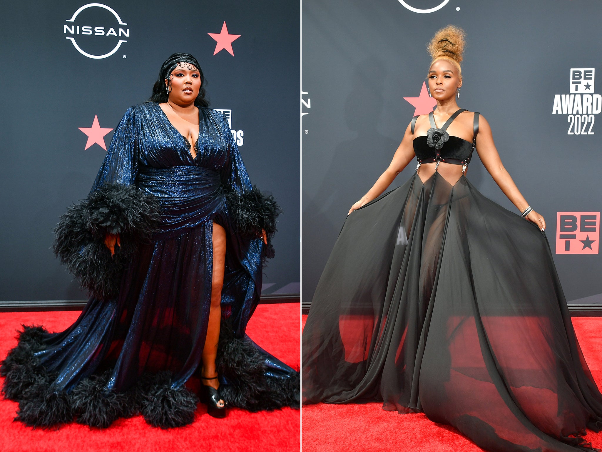 Lizzo (L) and Janelle Monáe on the red carpet at the 2022 BET Awards in Los Angeles