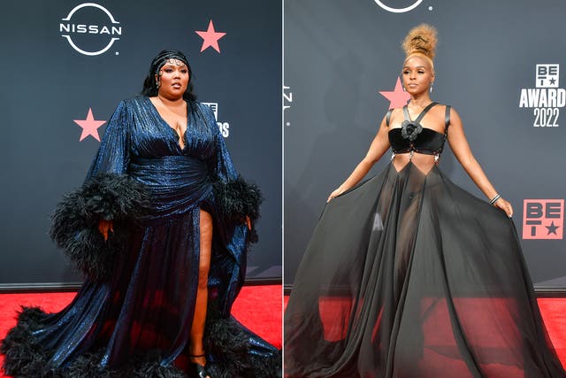 <p>Lizzo (L) and Janelle Monáe on the red carpet at the 2022 BET Awards in Los Angeles </p>