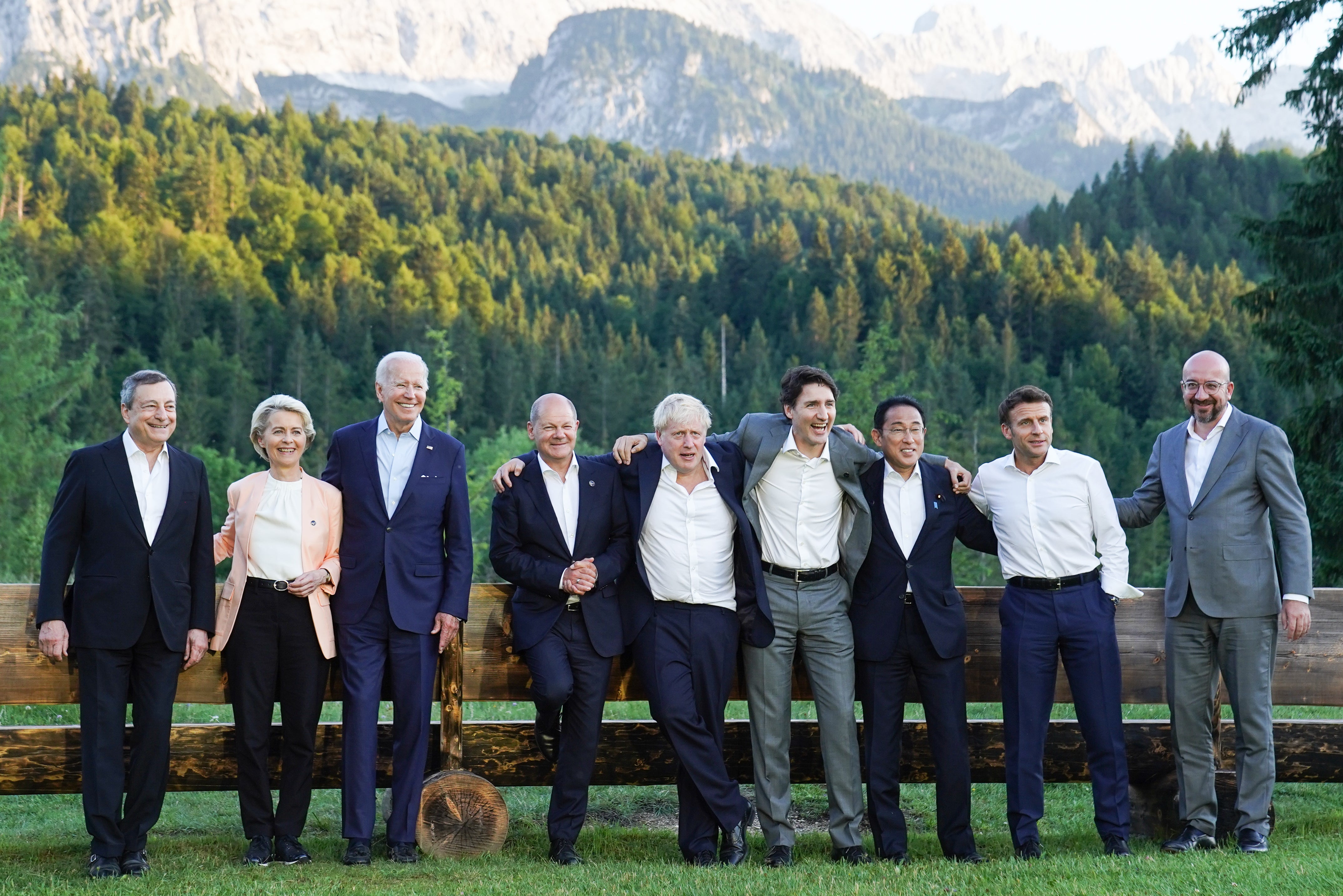 G7 leaders (left to right) Prime Minister of Italy Mario Draghi, European Union Commission President Ursula von der Leyen, US President Joe Biden, German Chancellor Olaf Scholz, Prime Minister Boris Johnson, Prime Minister of Canada Justin Trudeau, Prime Minister of Japan Fumio Kishida, President of France Emmanuel Macron, and European Union Council President Charles Michel, pose for an informal family photo following their working session dinner during the G7 summit in Schloss Elmau, in the Bavarian Alps, Germany. Picture date: Sunday June 26, 2022.