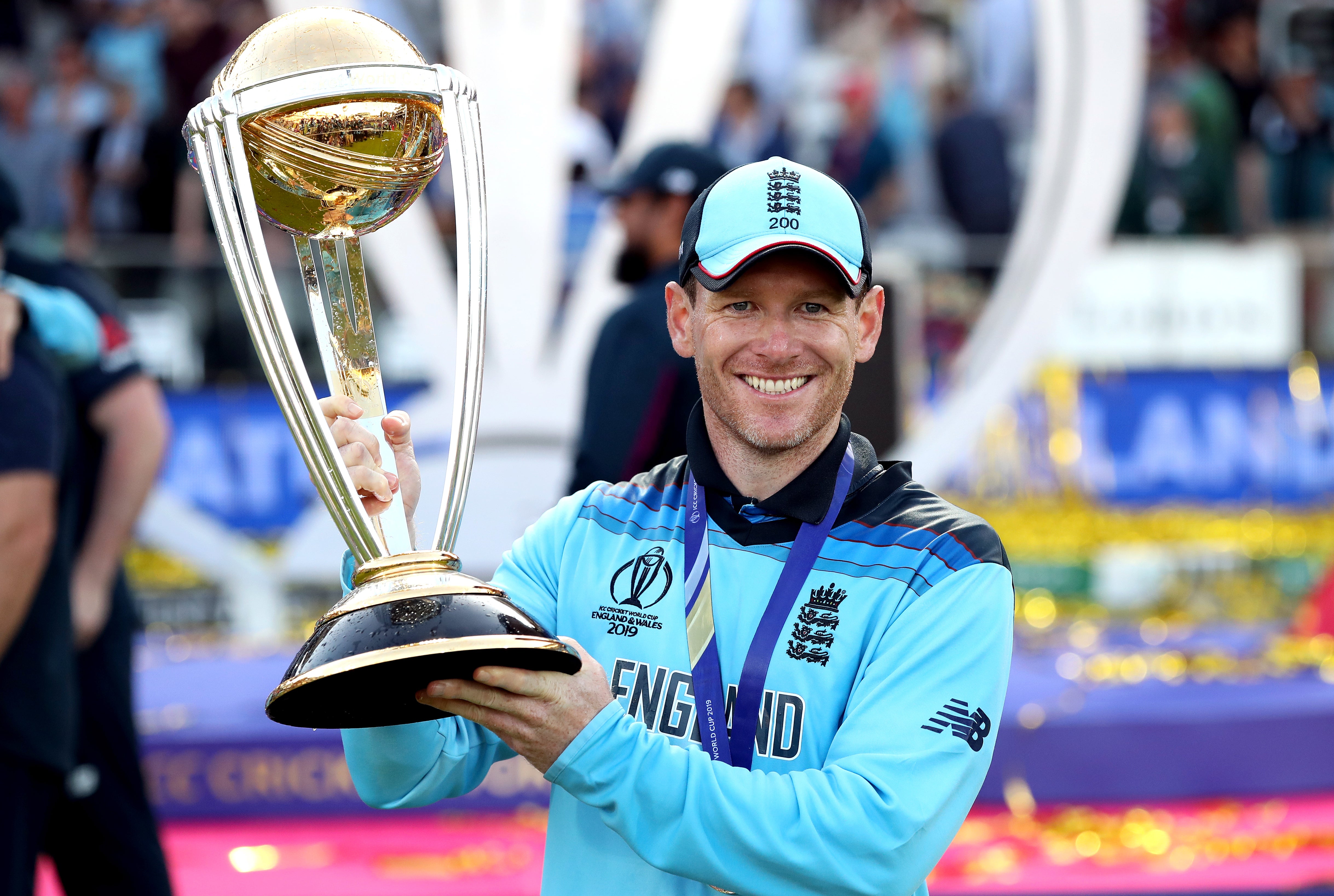 Morgan holds the World Cup after beating New Zealand at Lord’s in 2019