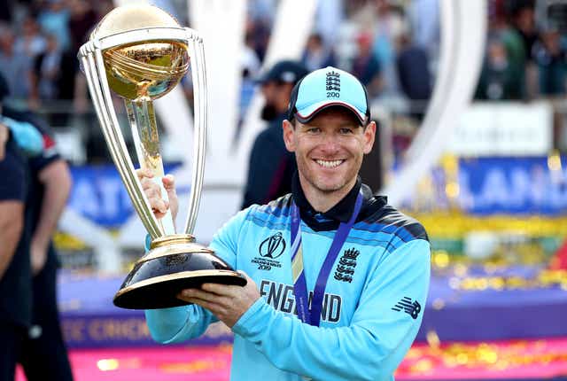 <p>Morgan holds the World Cup after beating New Zealand at Lord’s in 2019 </p>