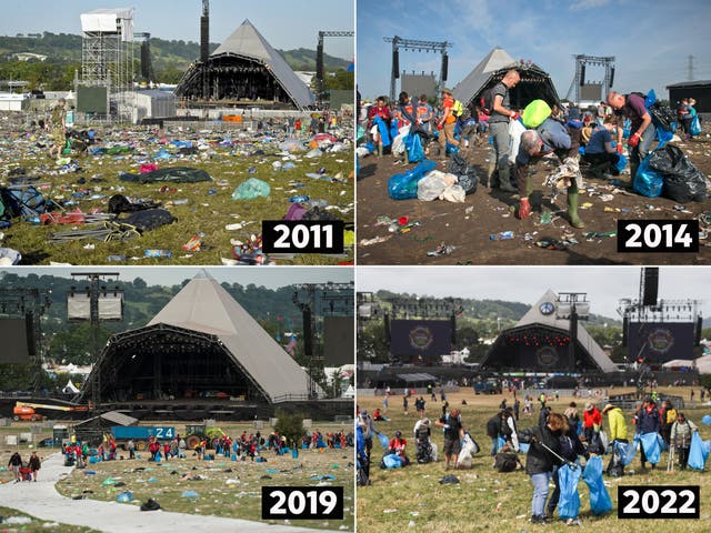 <p>Glastonbury clean up over the years</p>