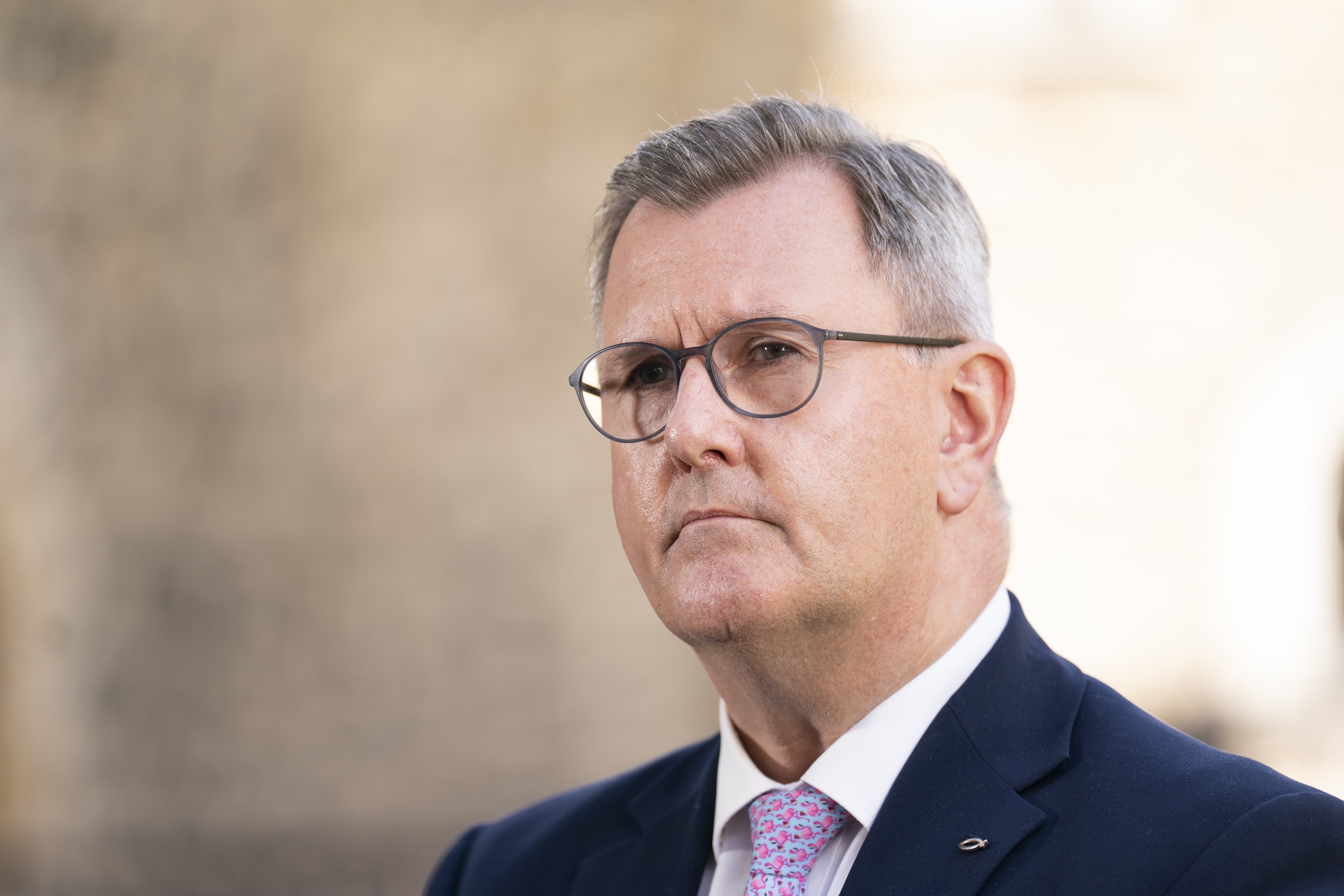 DUP leader Sir Jeffrey Donaldson speaks to the media on College Green in Westminster, London, ahead of the debate on the Northern Ireland Protocol Bill in the House of Commons. (Kirsty O’Connor/PA)