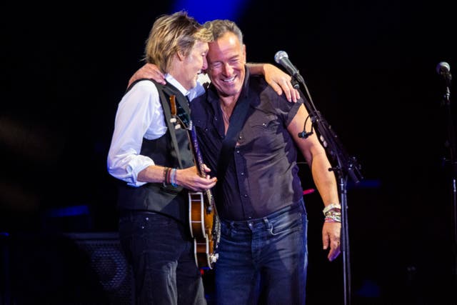 <p>Paul McCartney and Bruce Springsteen at Glastonbury </p>