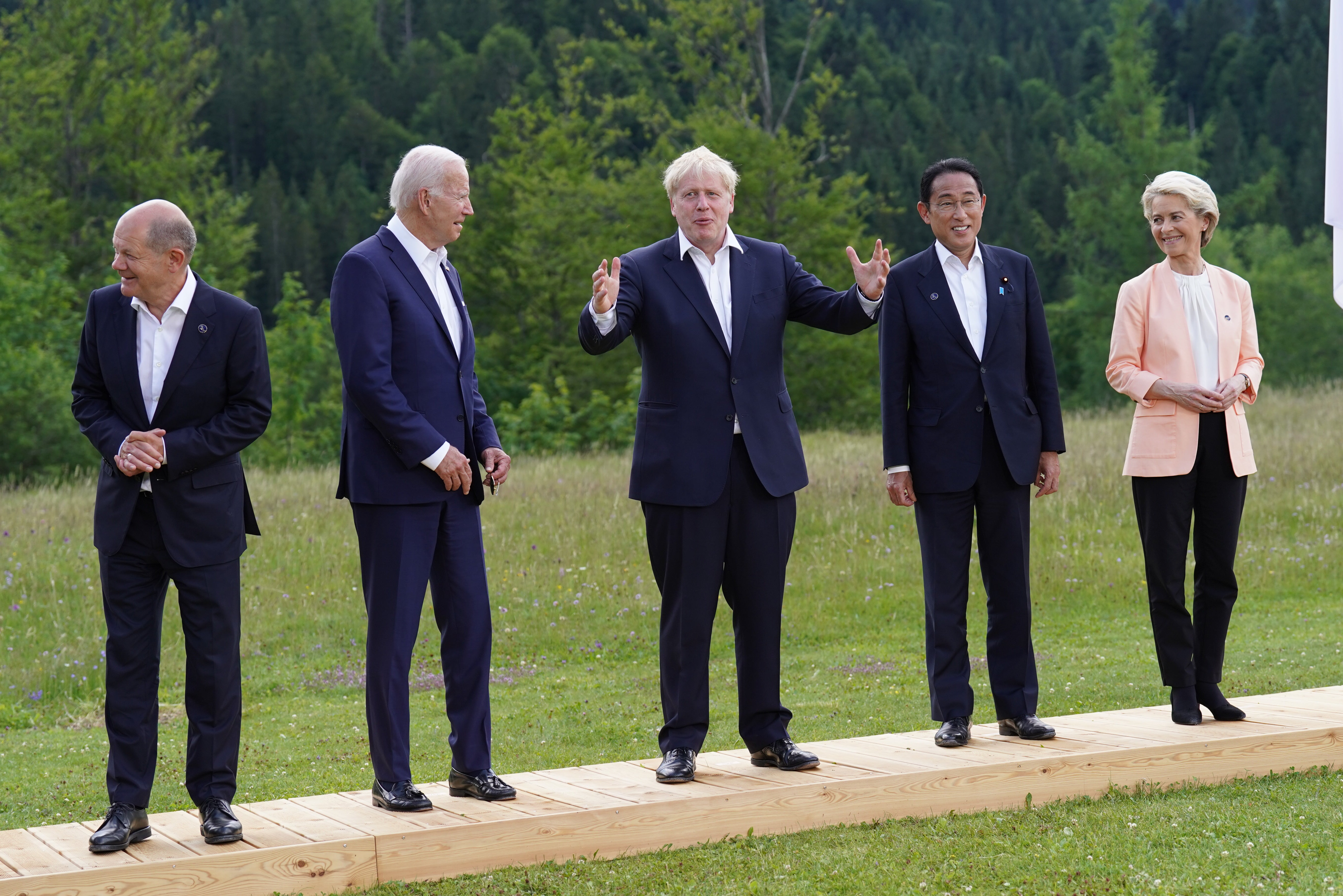 G7 leaders (left to right) German Chancellor Olaf Scholz, US President Joe Biden, Prime Minister Boris Johnson, Prime Minister of Japan Fumio Kishida, and European Union Commission President Ursula von der Leyen posing for the family photo during the G7 summit in Schloss Elmau, in the Bavarian Alps, Germany. Picture date: Sunday June 26, 2022 (Stefan Rousseau/PA)