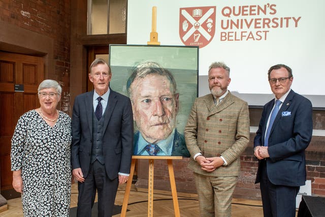Pictured l-r: Lady Daphne Trimble, Lord David Trimble, Colin Davidson and Professor Ian Greer, Vice-Chancellor of Queen’s University Belfast (Queen’s University/PA)