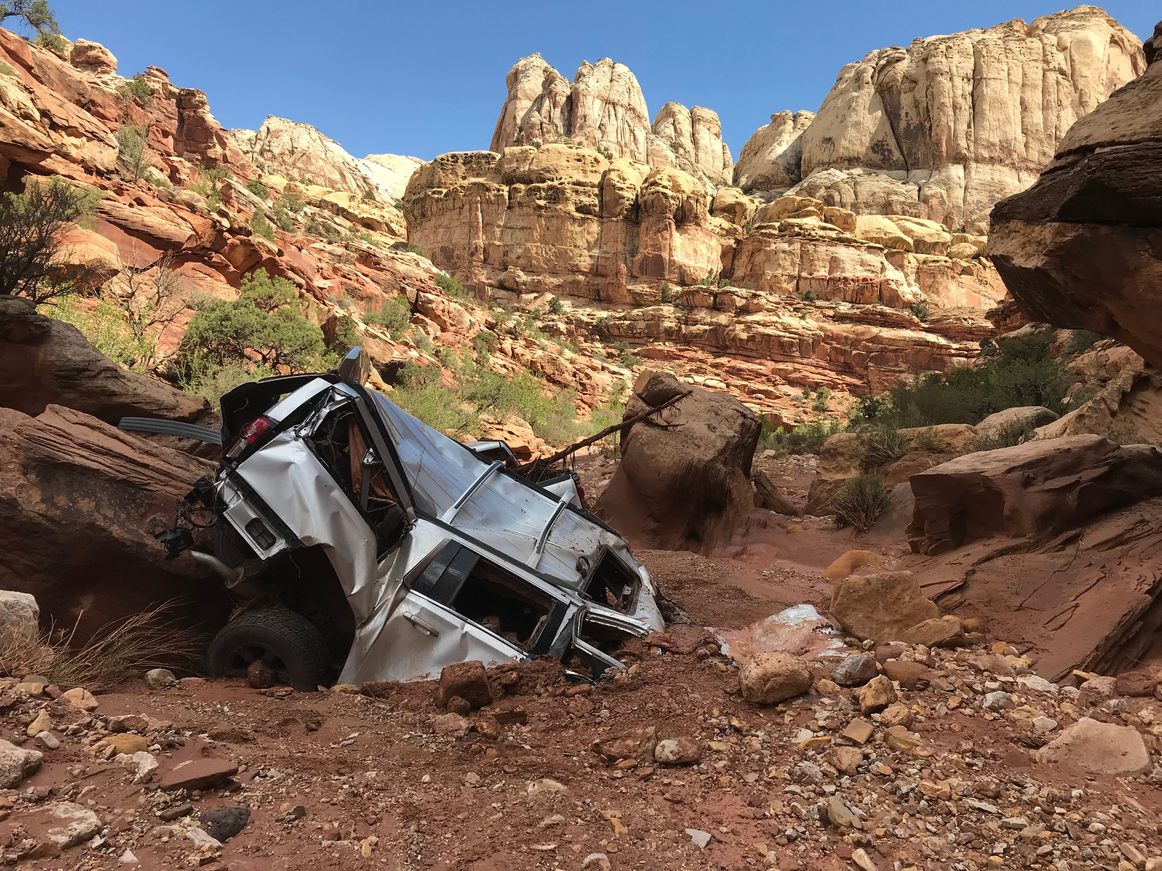 A car damaged by flooding last week in Capitol Reef National Park