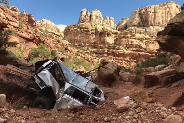 <p>A car damaged by flooding last week in Capitol Reef National Park</p>