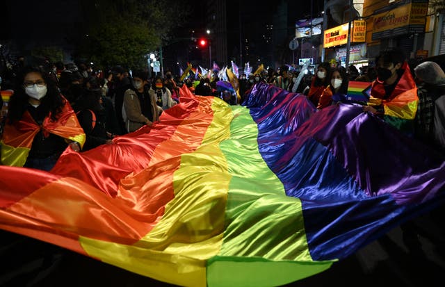 <p>Representational image: People carry a huge rainbow flag during a Pride parade in La Paz, Bolivia, on 25 June</p>