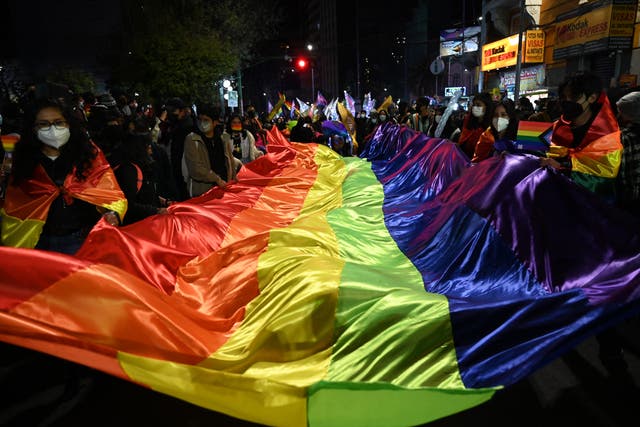 <p>Representational image: People carry a huge rainbow flag during a Pride parade in La Paz, Bolivia, on 25 June</p>
