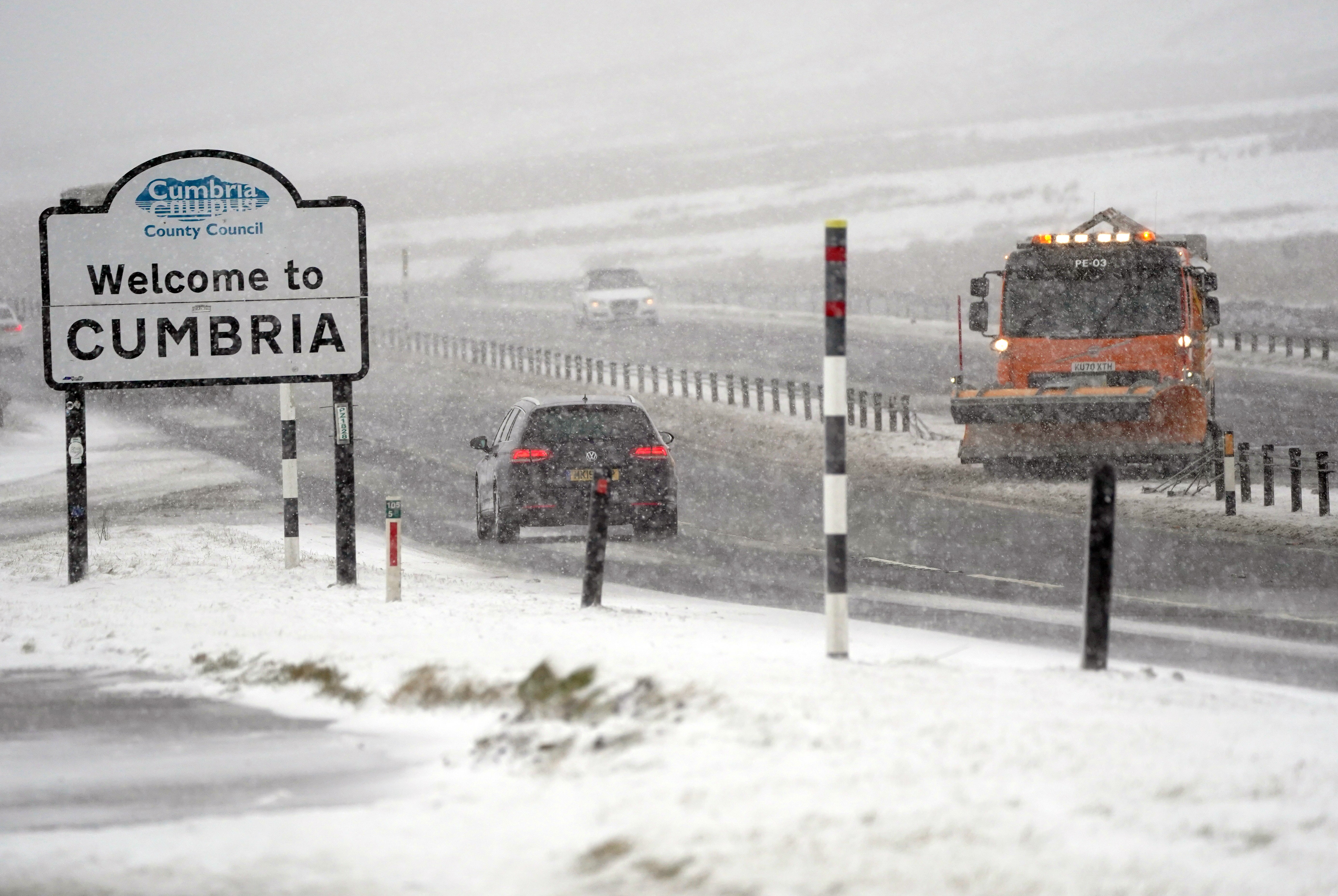 Drivers negotiate blizzards, snow and high winds on the A66 between Scotch Corner and Penrith, the most sparsely populated place in England (PA)