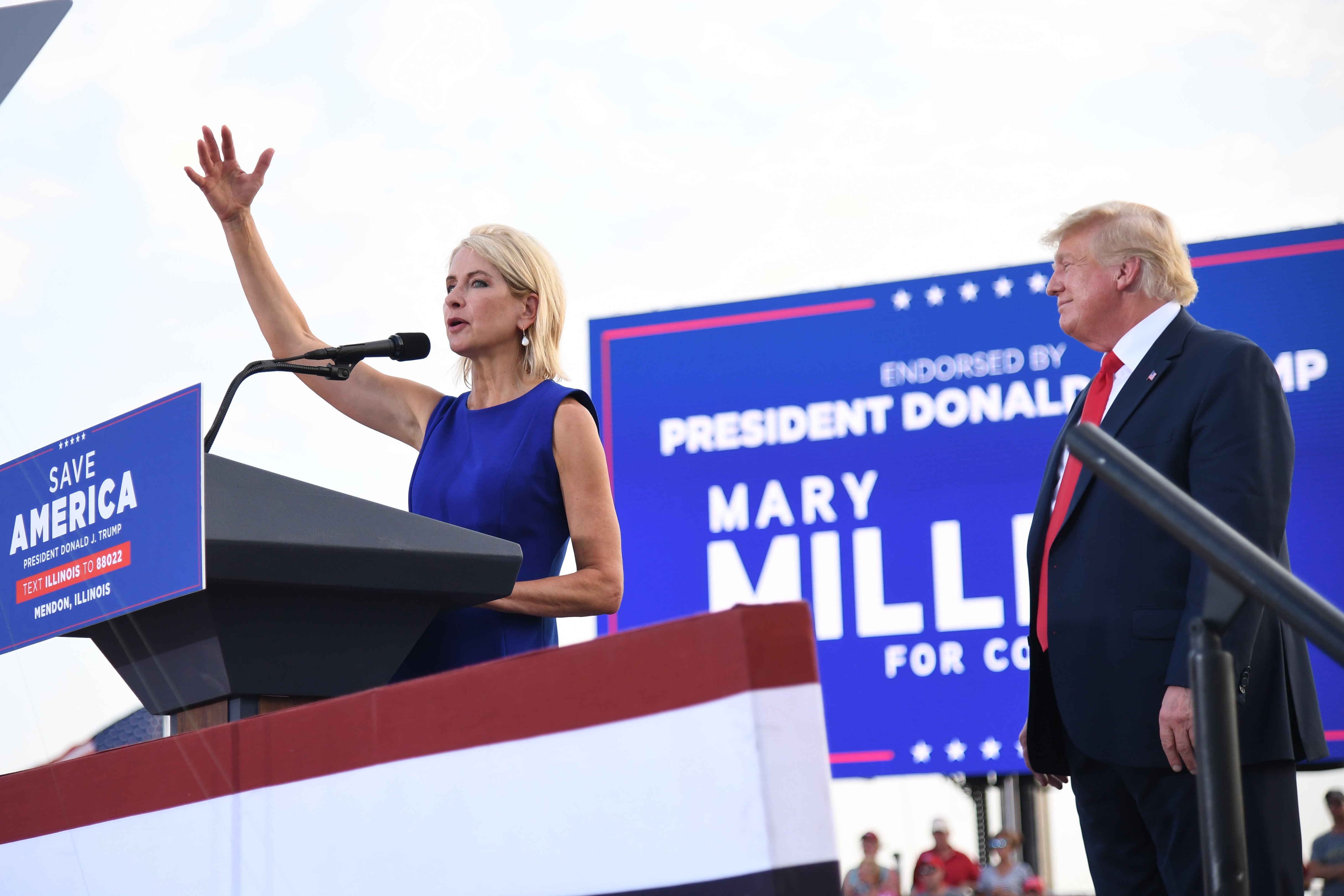 US Representative Mary Miller (Republican) gives remarks after receiving an endorsement during a Save America Rally with former US President Donald Trump at the Adams County Fairgrounds on June 25, 2022 in Mendon, Illinois.