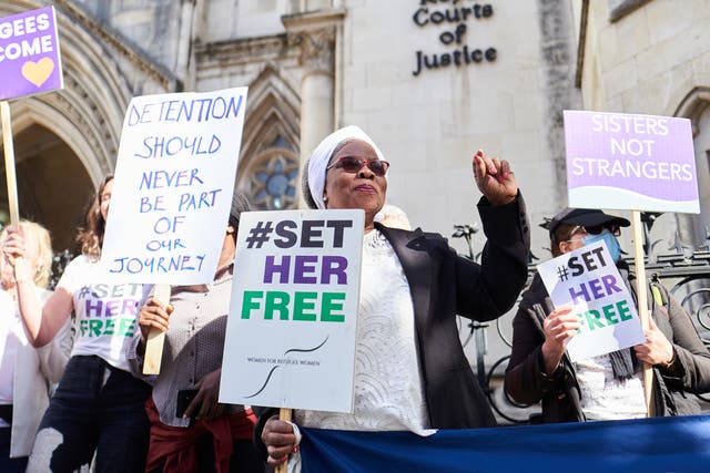 <p>Women protesting outside the High Court ahead of a legal challenge by an asylum seeker and the Women For Refugee Women charity over Derwentside immigration removal centre on 28 June 2022</p>