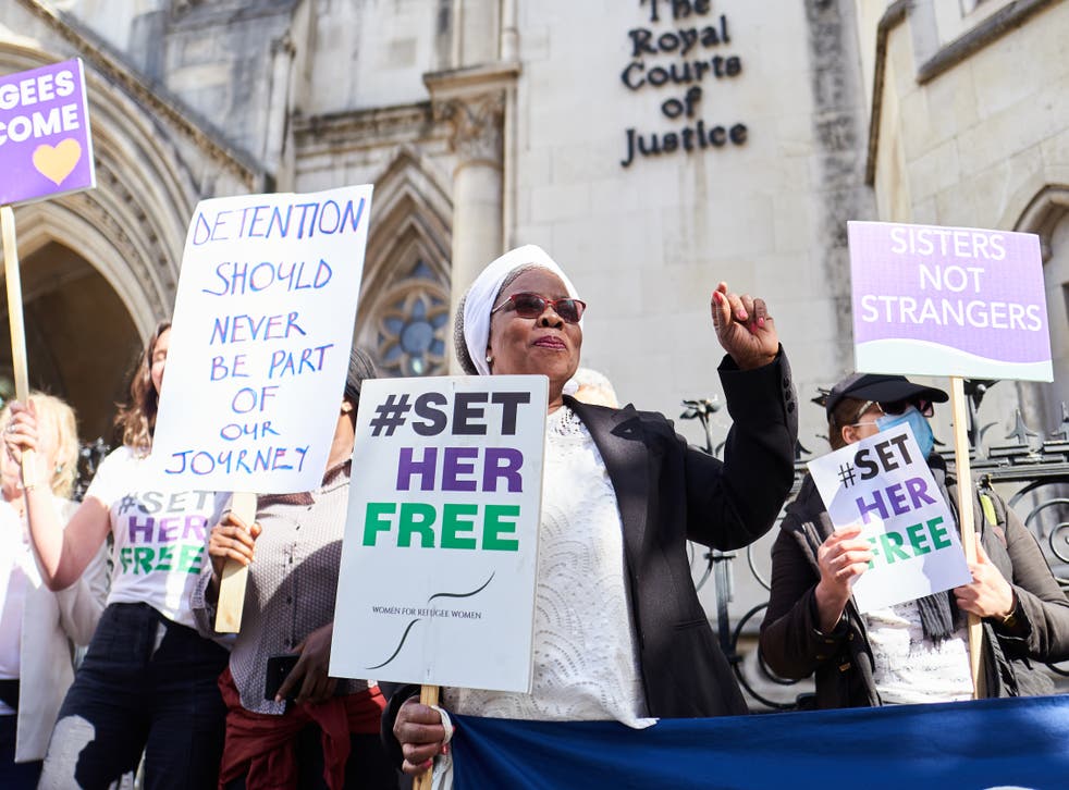 <p>Women protesting outside the High Court ahead of a legal challenge by an asylum seeker and the Women For Refugee Women charity over Derwentside immigration removal centre on 28 June 2022</p>