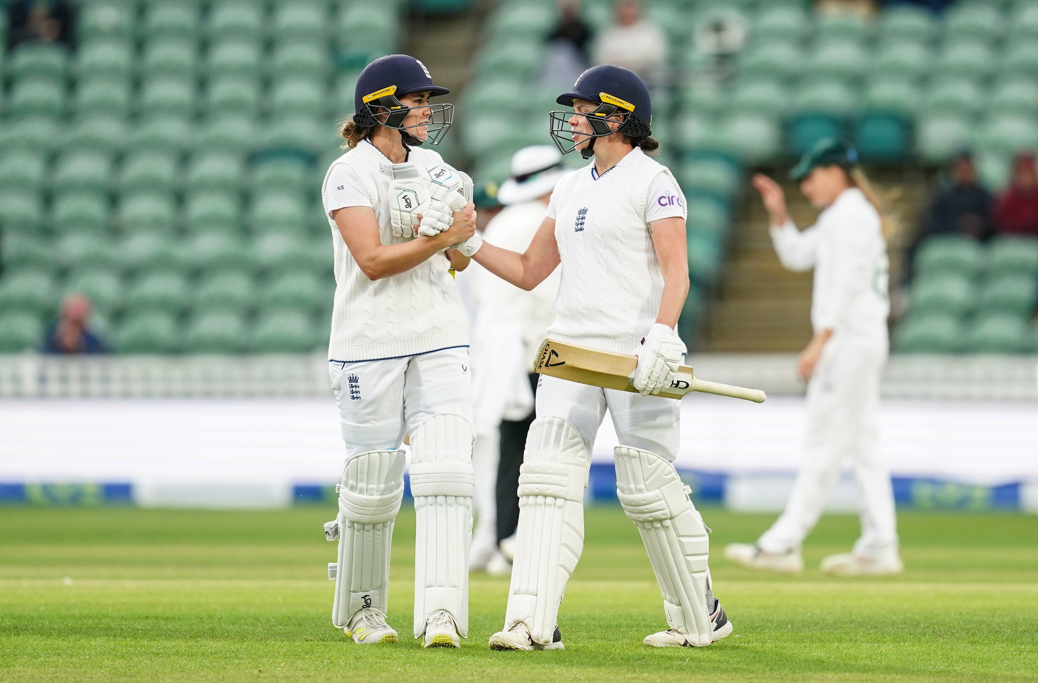 Nat Sciver, left, and Alice Davidson-Richards hit maiden Test centuries as England sailed into a 44-run lead at the end of day two (David Davies/PA)