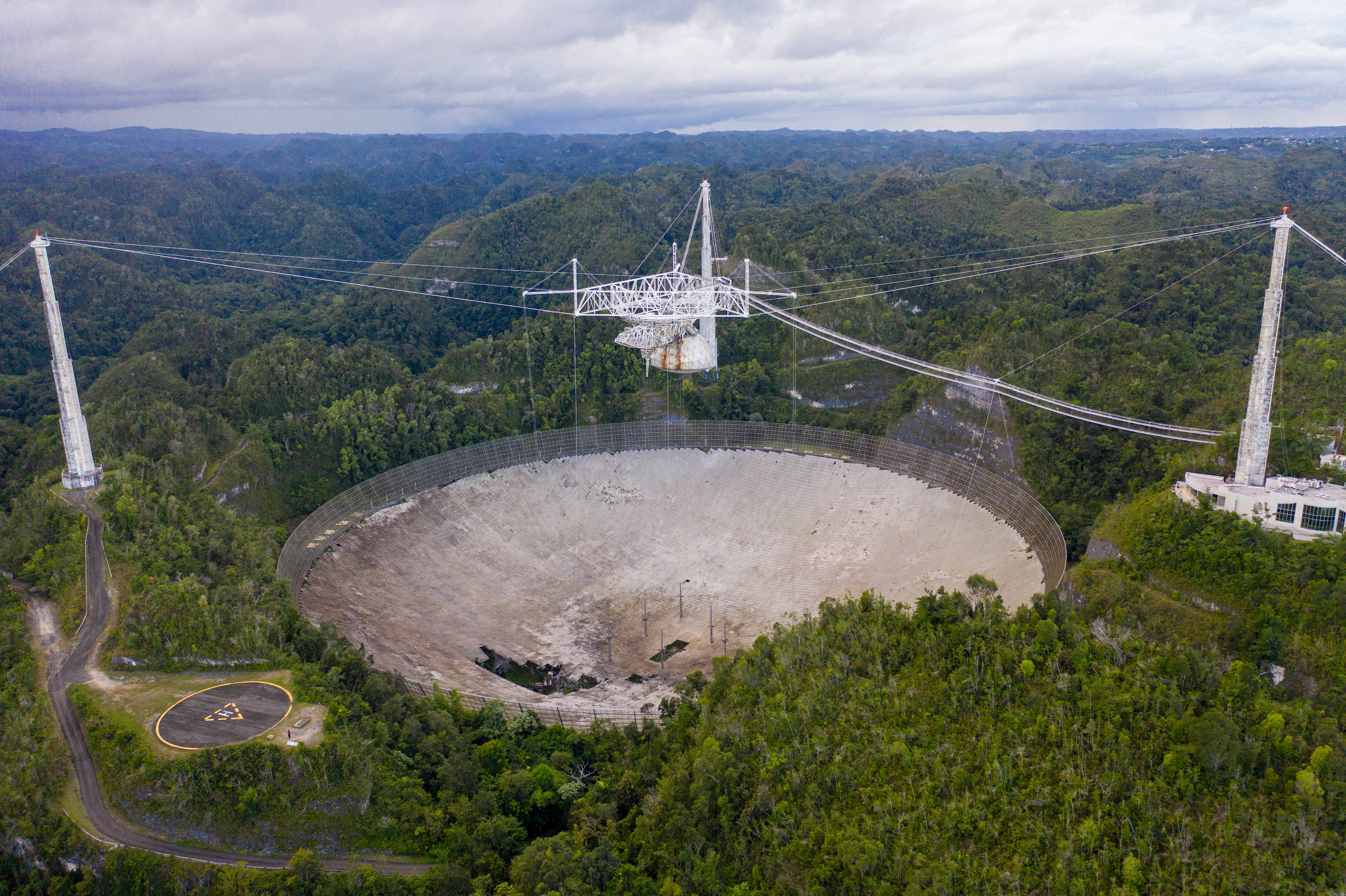 The radio antenna of the Arecibo Observatory in Arecibo, Puerto Rico, which was damaged by a hurricane in 2020.