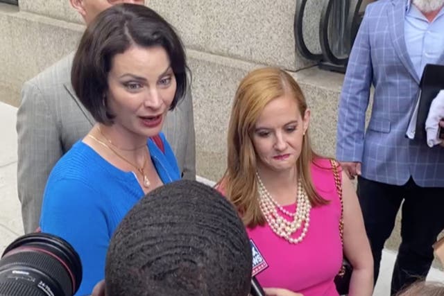 <p>Sarah Ransome, left, and Elizabeth Stein, right, who accused Ghislaine Maxwell of trafficking them to be raped by Jeffrey Epstein and others, discuss the British socialite’s 20-year prison sentence with reporters.</p>