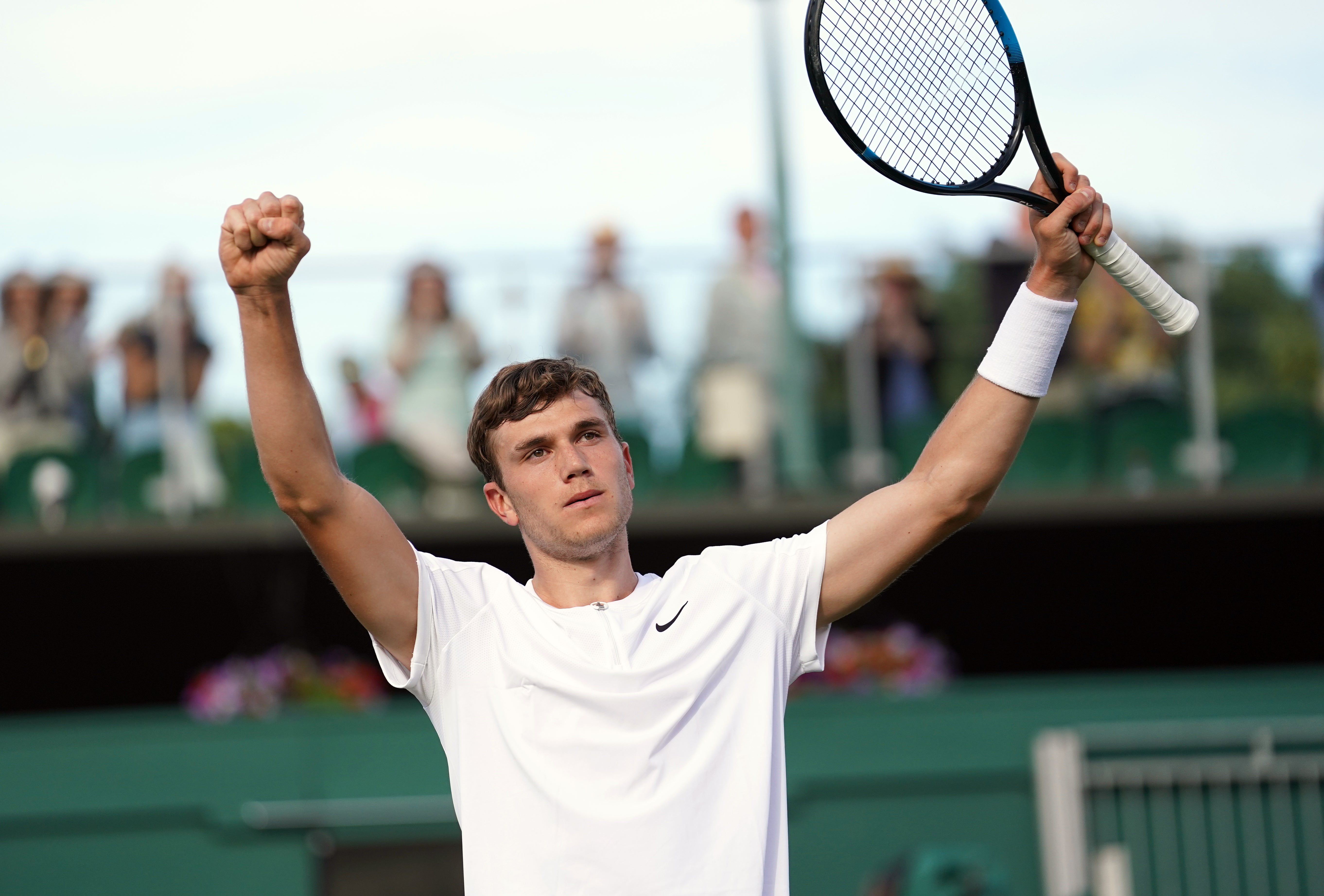 Jack Draper celebrates his first win at Wimbledon (Adam Davy/PA)