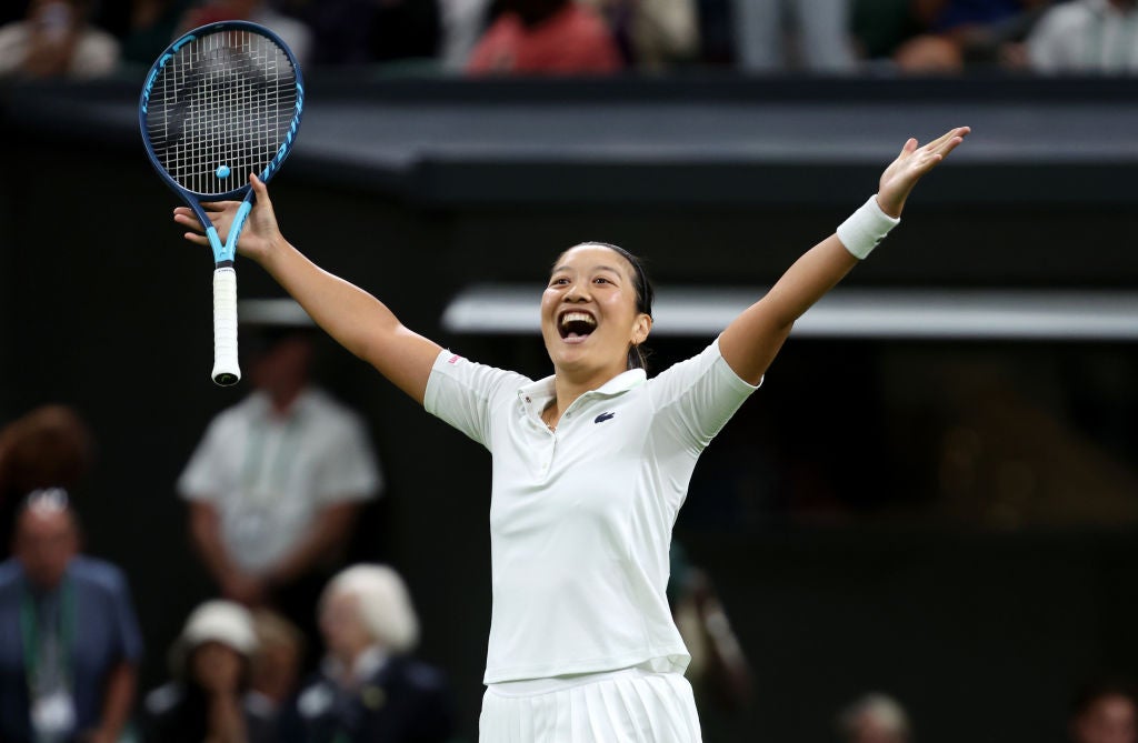 Harmony Tan celebrates a stunning victory over the seven-time champion