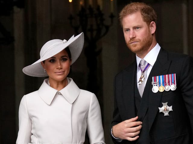 <p>Prince Harry and Meghan Markle, Duke and Duchess of Sussex leave after a service of thanksgiving for the reign of Queen Elizabeth II at St Paul's Cathedral in London, on 3 June, 2022 </p>