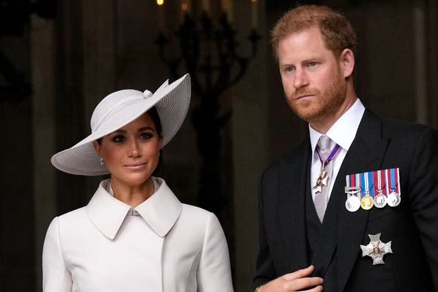 <p>Prince Harry and Meghan Markle, Duke and Duchess of Sussex leave after a service of thanksgiving for the reign of Queen Elizabeth II at St Paul's Cathedral in London, on 3 June, 2022 </p>