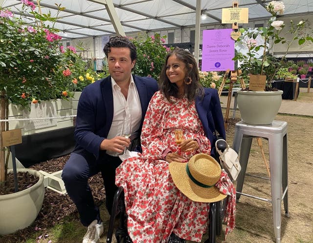 Dame Deborah James, with her husband Sebastien Bowen, during a private tour at the Chelsea Flower Show (Harkness Rose Company/PA)