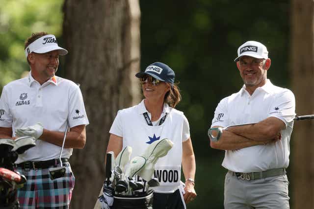 <p>Ian Poulter and Lee Westwood playing in the inaugural LIV Golf Invitational Series</p>