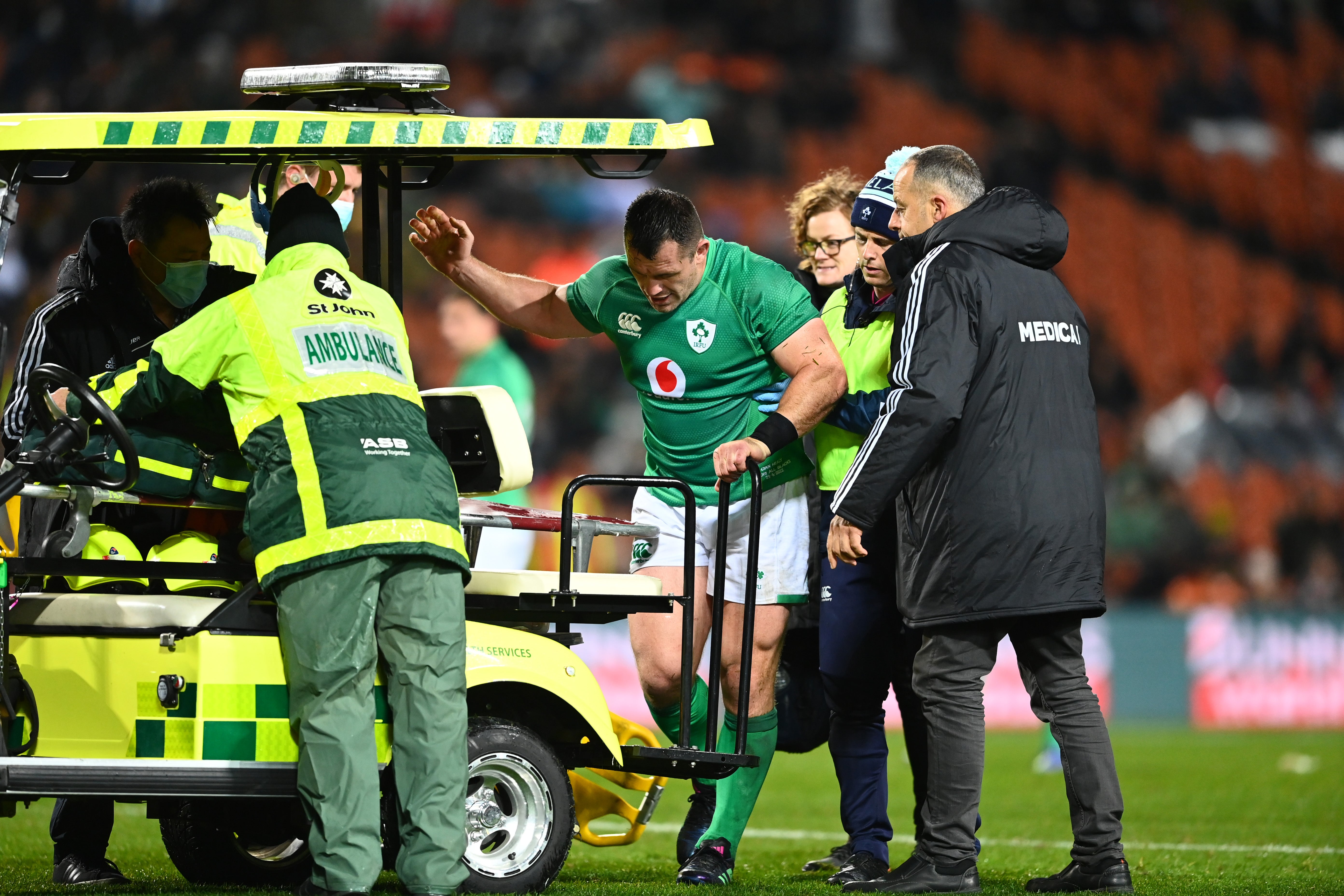The veteran prop left the pitch on a medical cart