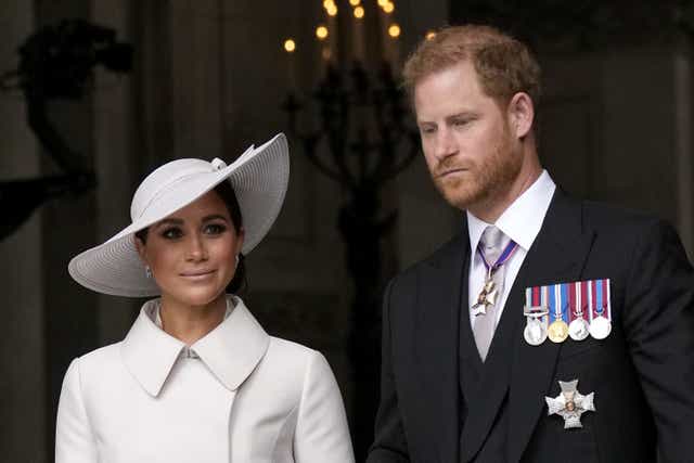 The Duke and Duchess of Sussex leaving the National Service of Thanksgiving at St Paul’s Cathedral, London, on day two of the Platinum Jubilee celebrations for Queen Elizabeth II, as The Duke of Sussex’s libel claim against a newspaper publisher over an article about his legal case against the Home Office is due to have its first hearing on Thursday (Matt Dunham/PA)
