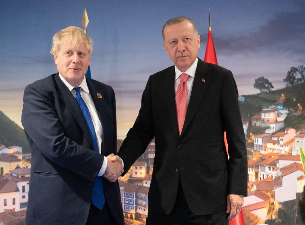 Prime Minister Boris Johnson greets President Recep Tayyip Erdogan of Turkey ahead of a meeting during the Nato summit in Madrid, Spain (Stefan Rousseau/PA)