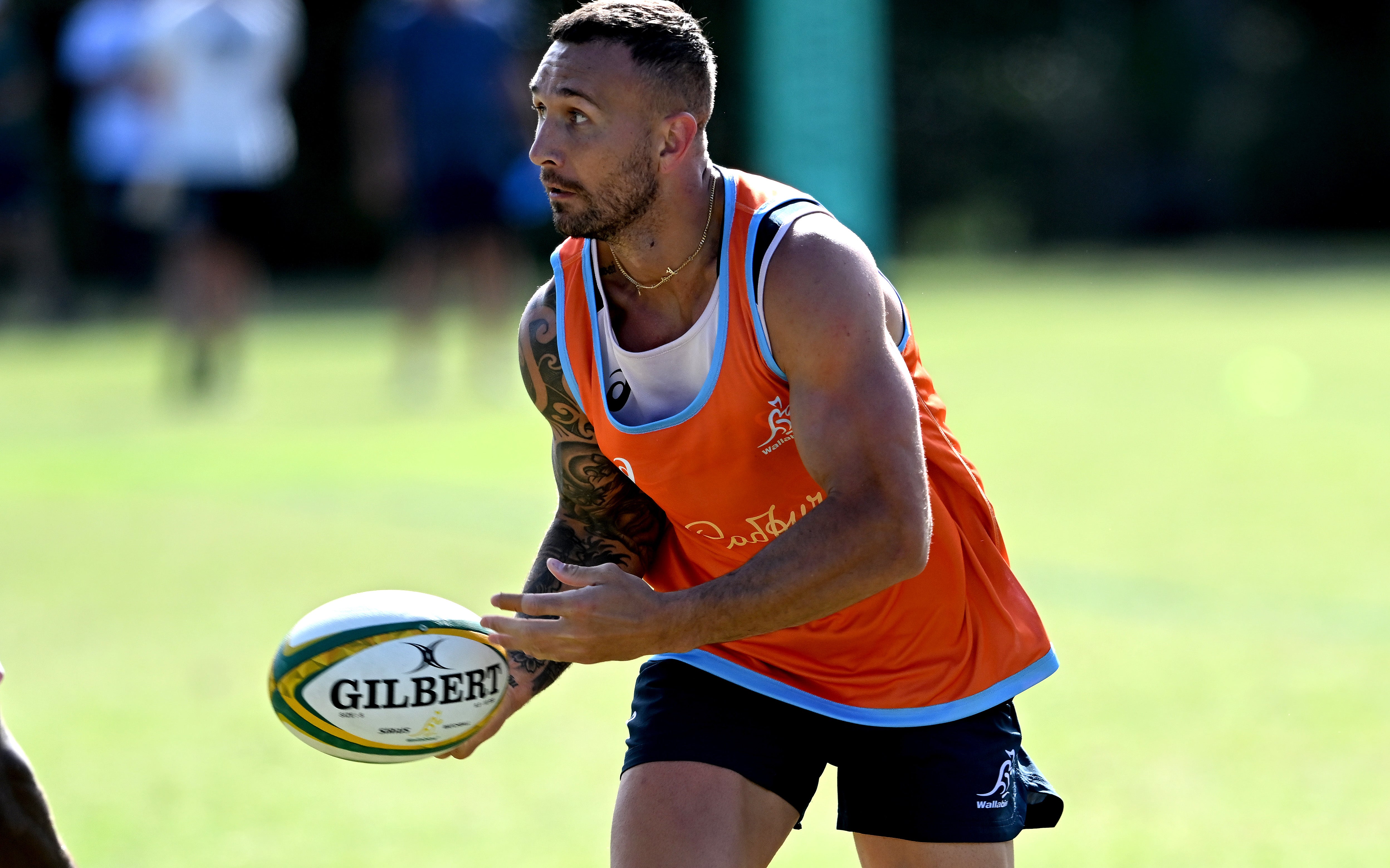 Quade Cooper looks to pass during an Australian Wallabies training session