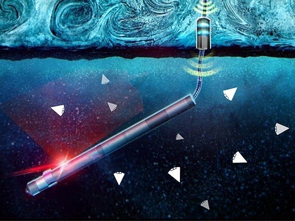 An illustration of tiny wedge-shaped robots – collectively known as Sensing With Independent Micro-Swimmers (SWIM) – deployed into the ocean miles below a lander on the frozen surface of an ocean world