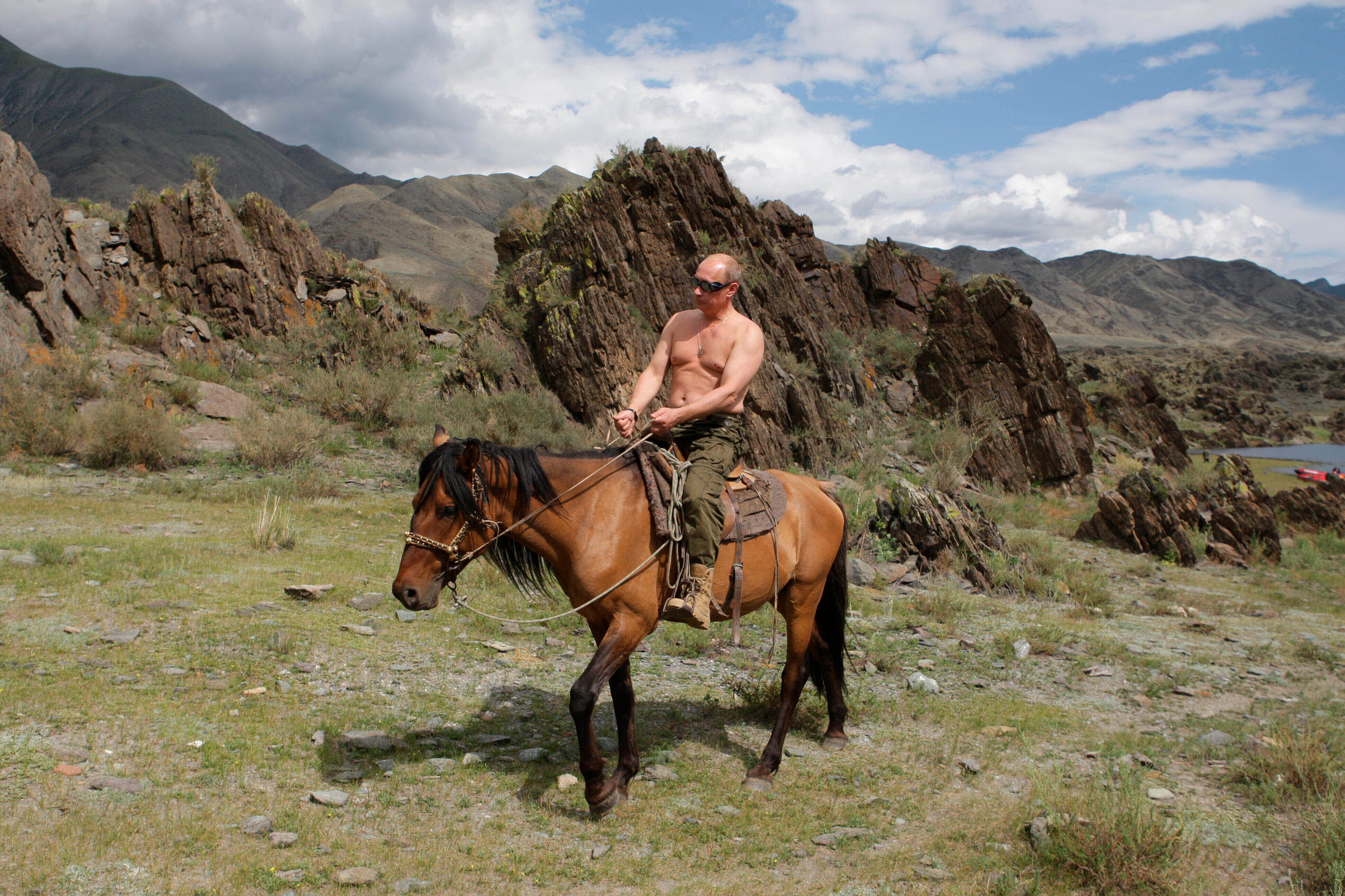 Bizarre previous photoshoots have shown the President topless in masculine poses