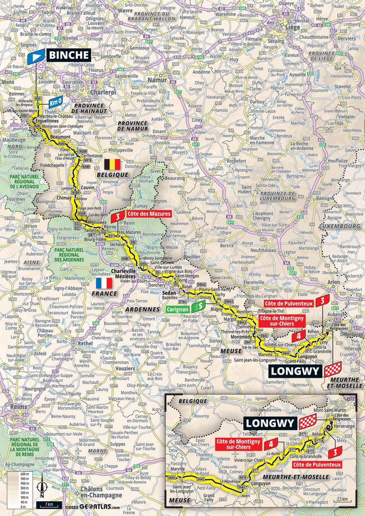 Preview etappe 6 van de Tour de France: Routekaart en routeprofiel 220km van Binche naar Longwy vandaag