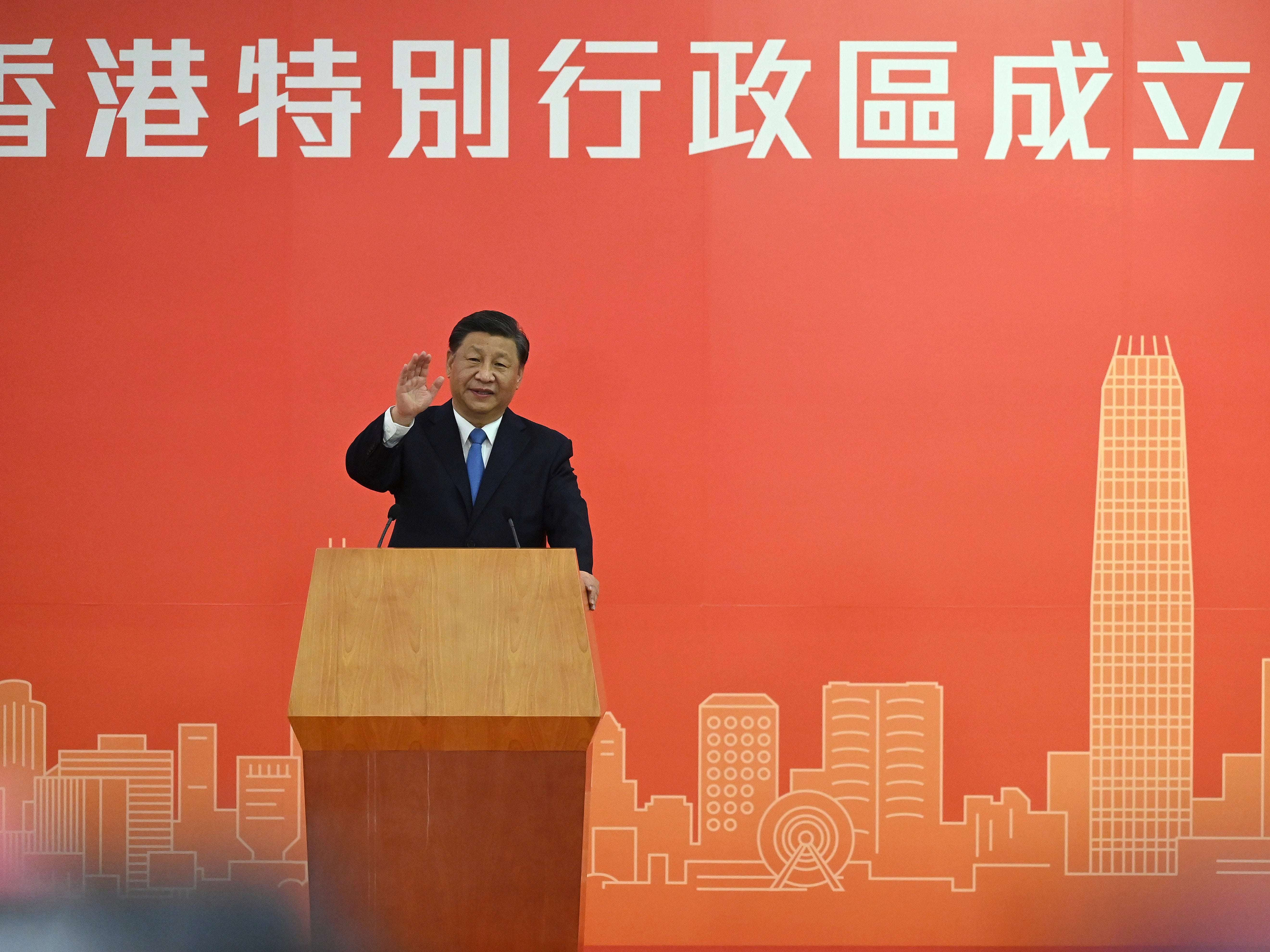 <p>China’s president Xi Jinping delivers a speech after arriving for the upcoming handover anniversary by train in Hong Kong</p>